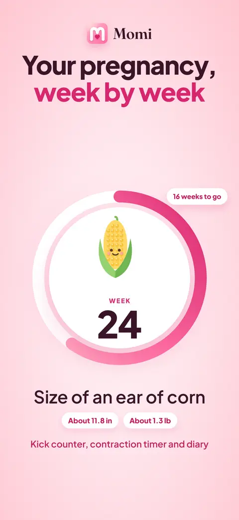 Momi app home screen showing the current pregnancy week, weeks to go and baby size